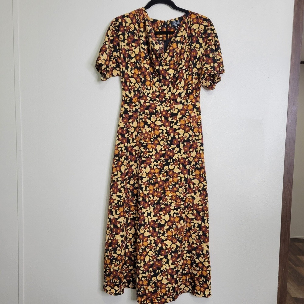 Abbott Elementary Dress XS Brown Floral Midi Cowl Neck Short Sleeve